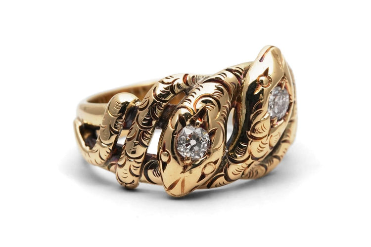 Bague 51 Bague serpent Art nouveau en or jaune 14 carats, diamants taille ancienne 58 Facettes 24169
