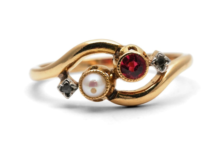 Bague 54 Bague Art nouveau en or jaune 18 carats, perle, rubis et diamants taille rose 58 Facettes B1000