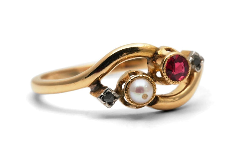 Bague 54 Bague Art nouveau en or jaune 18 carats, perle, rubis et diamants taille rose 58 Facettes B1000