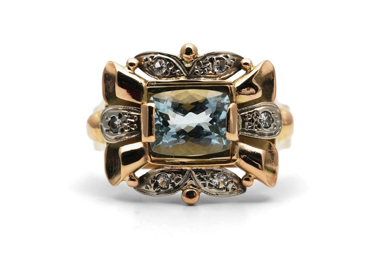 Bague 57 Bague Art déco en or jaune et or blanc 18 carats, aigue-marine, diamants 8/8 58 Facettes 24188