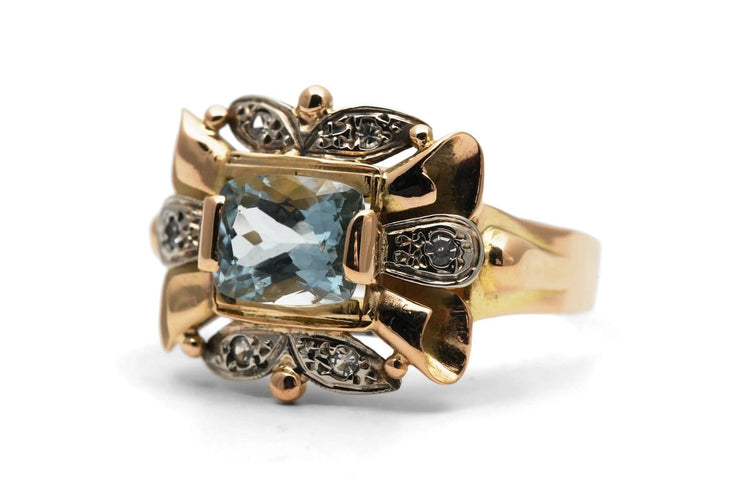 Bague 57 Bague Art déco en or jaune et or blanc 18 carats, aigue-marine, diamants 8/8 58 Facettes 24188