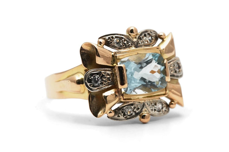 Bague 57 Bague Art déco en or jaune et or blanc 18 carats, aigue-marine, diamants 8/8 58 Facettes 24188