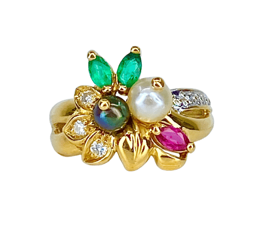 Bague 52 Bague en or jaune 18 carats, émeraudes, rubis, diamants et perles 58 Facettes AB759