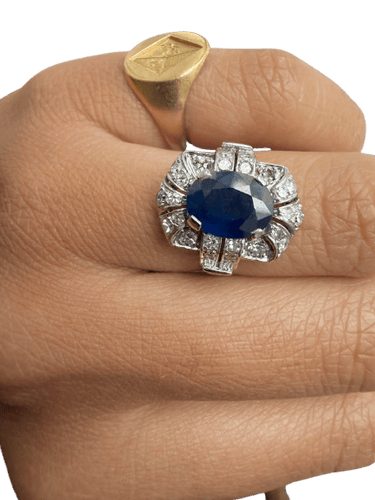 Bague 50 Bague Art déco en or blanc 18 carats, saphir australien et diamants 58 Facettes zozos