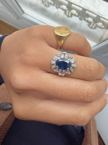 Bague 50 Bague Art déco en or blanc 18 carats, saphir australien et diamants 58 Facettes zozos