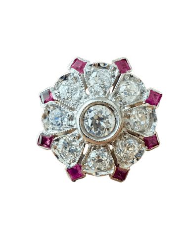 Bague 59 Bague cible Art déco en or blanc 18 carats, diamants et rubis 58 Facettes 6590czz