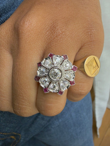 Bague 59 Bague cible Art déco en or blanc 18 carats, diamants et rubis 58 Facettes 6590czz