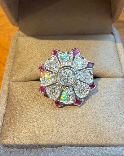 Bague 59 Bague cible Art déco en or blanc 18 carats, diamants et rubis 58 Facettes 6590czz