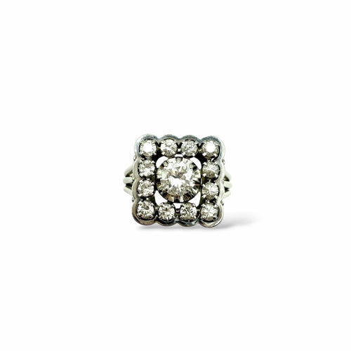 Bague 55 Bague carrée en or blanc 18 carats et platine, diamants - Années 1960 58 Facettes