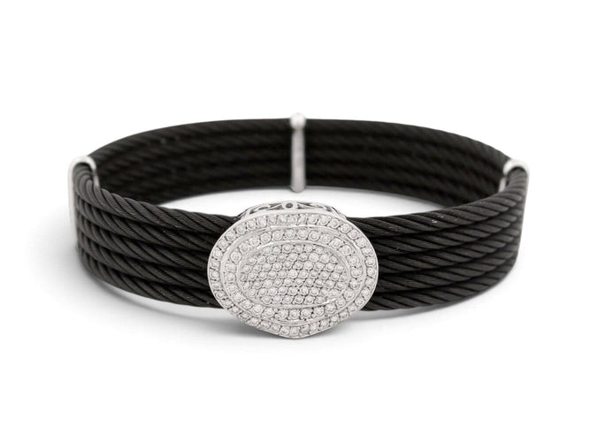 Bracelet ALOR2 / CHARRIOL - Bracelet Oval Station en acier noirci, or blanc 18k et diamants 0,65 ct 58 Facettes 276035