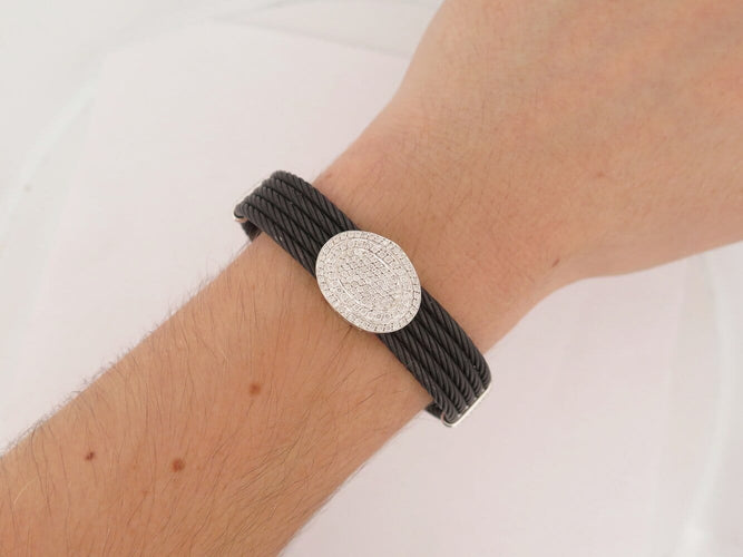 Bracelet ALOR2 / CHARRIOL - Bracelet Oval Station en acier noirci, or blanc 18k et diamants 0,65 ct 58 Facettes 276035