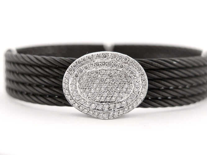 Bracelet ALOR2 / CHARRIOL - Bracelet Oval Station en acier noirci, or blanc 18k et diamants 0,65 ct 58 Facettes 276035