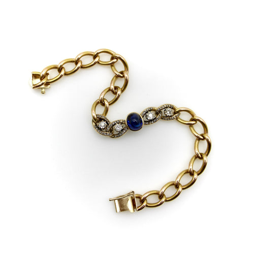 Bracelet Bracelet victorien à maillons curb en or 14k, saphir taille pain de sucre et diamants 58 Facettes 11249