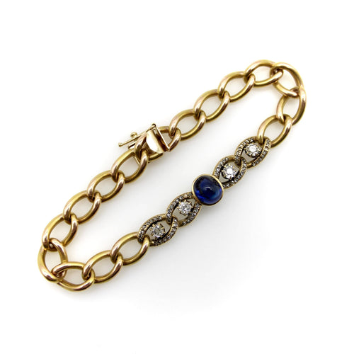 Bracelet Bracelet victorien à maillons curb en or 14k, saphir taille pain de sucre et diamants 58 Facettes 11249