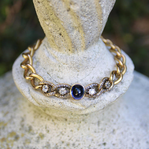 Bracelet Bracelet victorien à maillons curb en or 14k, saphir taille pain de sucre et diamants 58 Facettes 11249