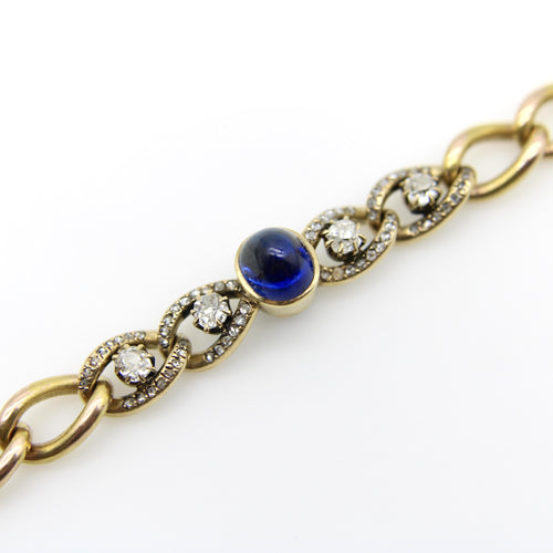 Bracelet Bracelet victorien à maillons curb en or 14k, saphir taille pain de sucre et diamants 58 Facettes 11249