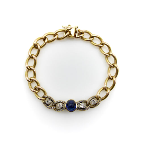 Bracelet Bracelet victorien à maillons curb en or 14k, saphir taille pain de sucre et diamants 58 Facettes 11249