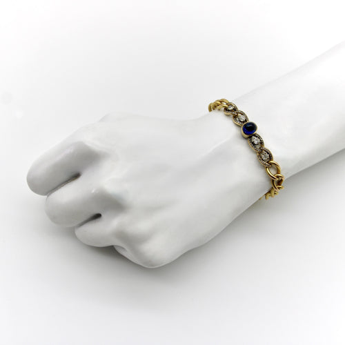 Bracelet Bracelet victorien à maillons curb en or 14k, saphir taille pain de sucre et diamants 58 Facettes 11249