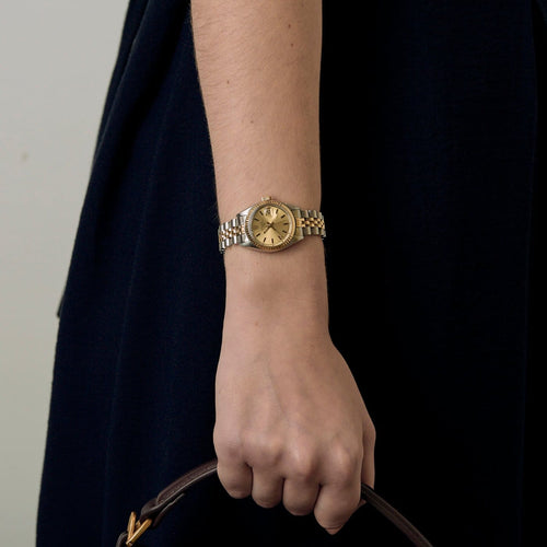 Montre Rolex - Montre Lady Oyster Perpetual Date en or jaune 14K et acier, cadran doré 58 Facettes A12O5