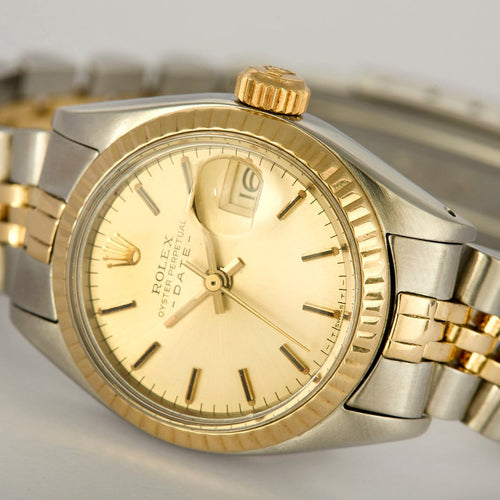 Montre Rolex - Montre Lady Oyster Perpetual Date en or jaune 14K et acier, cadran doré 58 Facettes A12O5