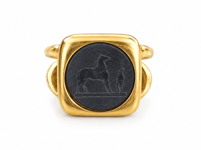 Bague 54 Hermès - Bague chevalière en corozo et métal doré 58 Facettes BS228