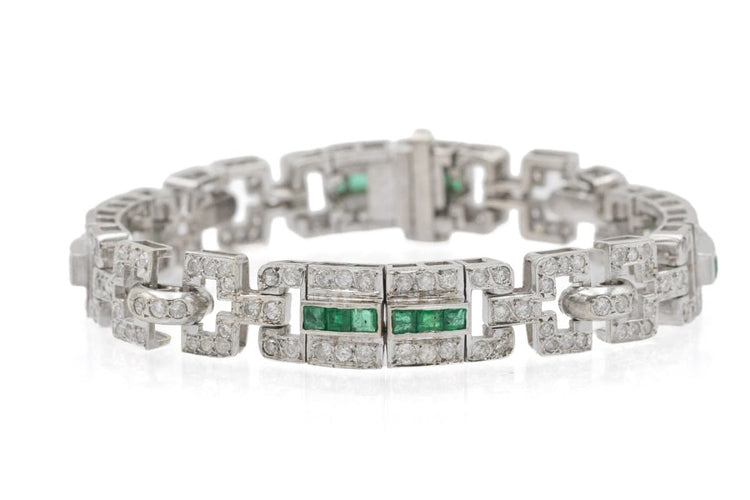 Bracelet Art déco en or blanc, émeraudes et diamants, env. 4,30 ct 58 Facettes 13446
