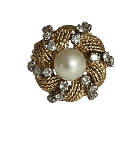 Bague 53 Bague dôme en or jaune 18k, diamants naturels et perle Akoya 58 Facettes LOT 6872