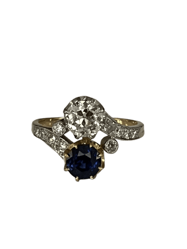 Bague 57 Bague ancienne toi et moi en platine et or jaune 18k, saphir et diamants 58 Facettes LOT 6903