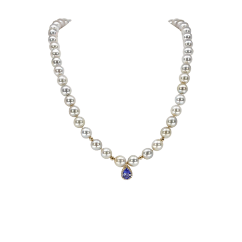 Collier Collier de perles Akoya japonaises, tanzanite certifiée et diamants en or 14k 58 Facettes N002