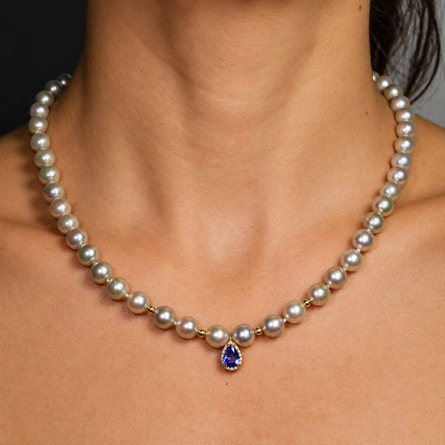 Collier Collier de perles Akoya japonaises, tanzanite certifiée et diamants en or 14k 58 Facettes N002