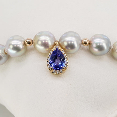 Collier Collier de perles Akoya japonaises, tanzanite certifiée et diamants en or 14k 58 Facettes N002