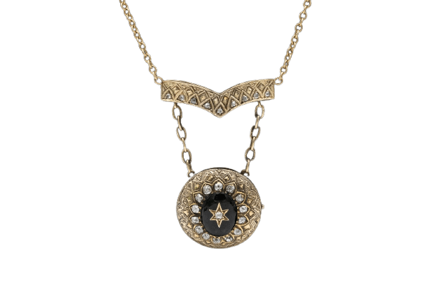 Collier Collier - Médaillon ouvrant en or jaune 14 carats, émail noir et diamants taille rose 58 Facettes PP4