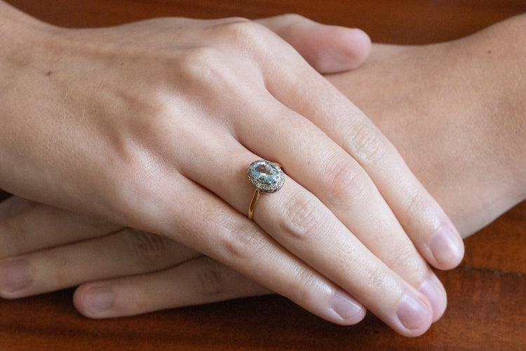 Bague 54.5 Bague en or jaune et blanc 18 carats, aigue-marine et diamants 58 Facettes 13667