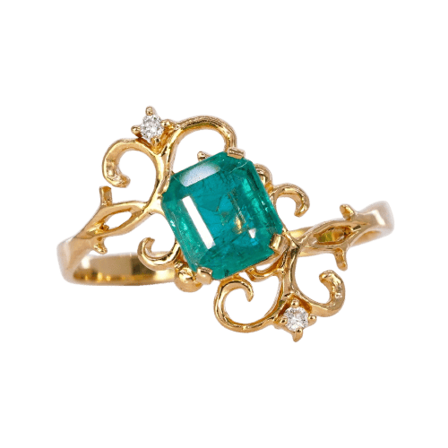 Bague 59 Émeraude en volutes - Bague en or jaune 18 carats avec émeraude et diamants 58 Facettes R0015