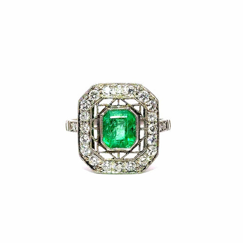 Bague 56 Bague d’inspiration Art déco en platine, émeraude colombienne et diamants 58 Facettes 50554