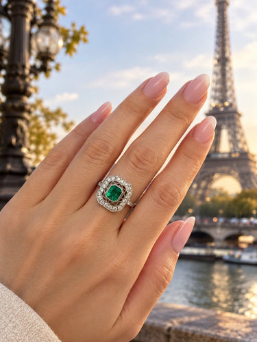 Bague 56 Bague d’inspiration Art déco en platine, émeraude colombienne et diamants 58 Facettes 50554