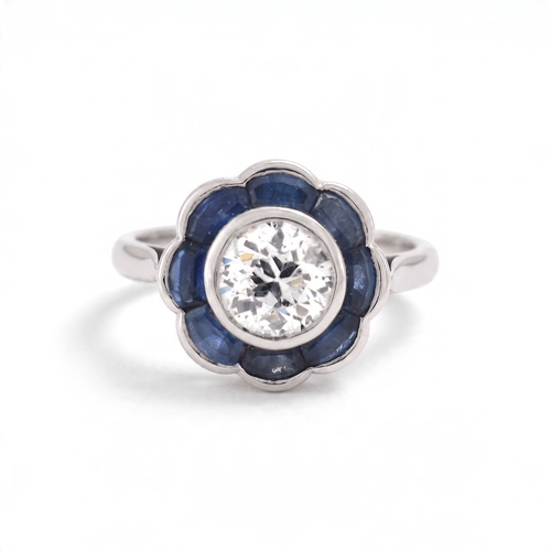 Bague 48 Bague Art déco en platine, diamant taille ancienne 0,90 ct et saphirs naturels 58 Facettes RI-1097