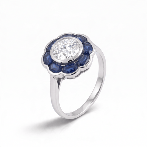 Bague 48 Bague Art déco en platine, diamant taille ancienne 0,90 ct et saphirs naturels 58 Facettes RI-1097