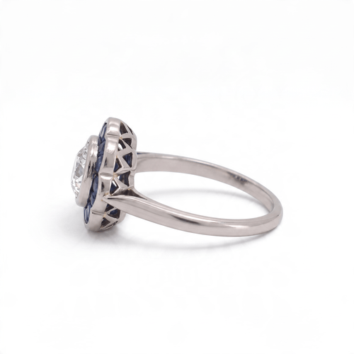 Bague 48 Bague Art déco en platine, diamant taille ancienne 0,90 ct et saphirs naturels 58 Facettes RI-1097