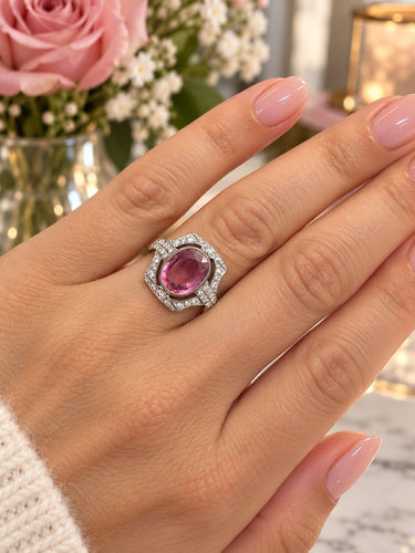 Bague 56 Bague vintage de style Art déco en platine, tourmaline rose et diamants 58 Facettes 50557