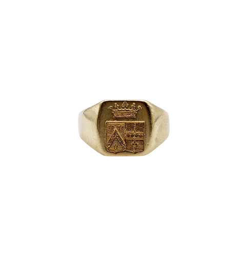 Bague 46.5 Chevalière ancienne en or 18k avec blason, couronne de marquis et sceau 58 Facettes A08054