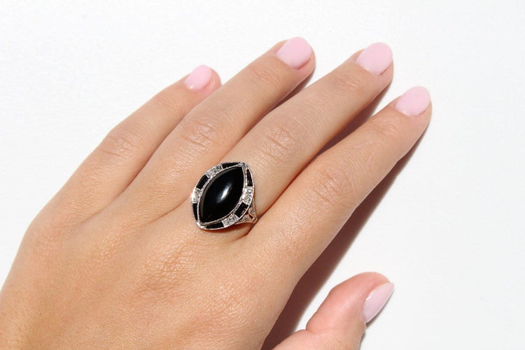 Bague 52 Bague Art déco en onyx et diamants 58 Facettes ANILLO 18