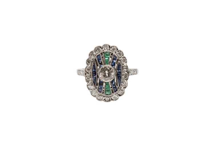 Bague 55 Bague Art déco en platine, diamants, saphirs et émeraudes 58 Facettes ANILLO 21