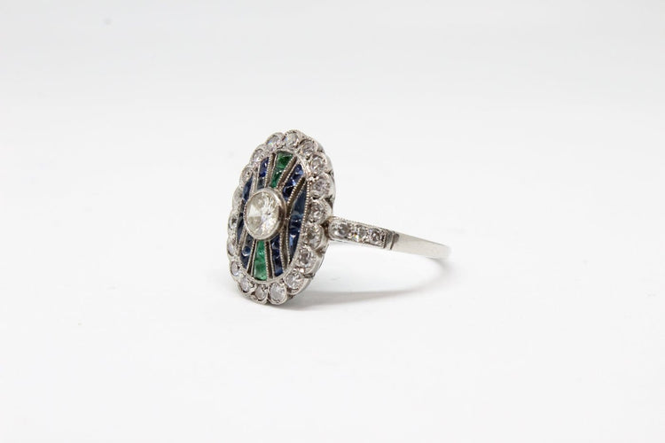 Bague 55 Bague Art déco en platine, diamants, saphirs et émeraudes 58 Facettes ANILLO 21