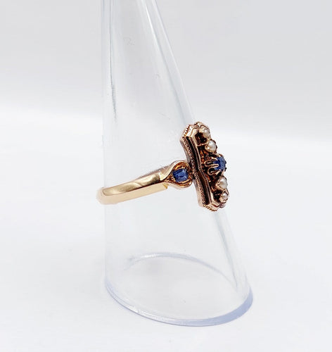 Bague 57.5 Bague marquise ancienne en or rose 18k, saphirs et perles, vers 1890 58 Facettes A08102
