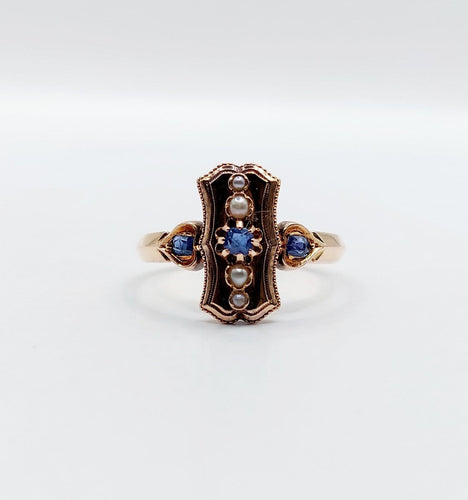 Bague 57.5 Bague marquise ancienne en or rose 18k, saphirs et perles, vers 1890 58 Facettes A08102