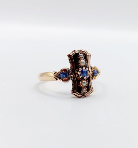 Bague 57.5 Bague marquise ancienne en or rose 18k, saphirs et perles, vers 1890 58 Facettes A08102