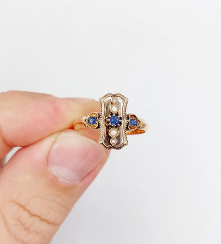 Bague 57.5 Bague marquise ancienne en or rose 18k, saphirs et perles, vers 1890 58 Facettes A08102