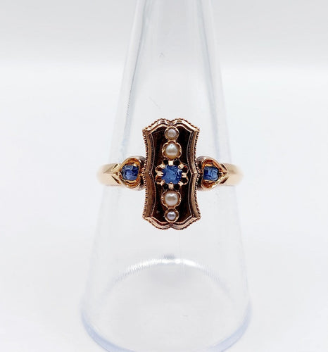 Bague 57.5 Bague marquise ancienne en or rose 18k, saphirs et perles, vers 1890 58 Facettes A08102