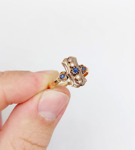 Bague 57.5 Bague marquise ancienne en or rose 18k, saphirs et perles, vers 1890 58 Facettes A08102